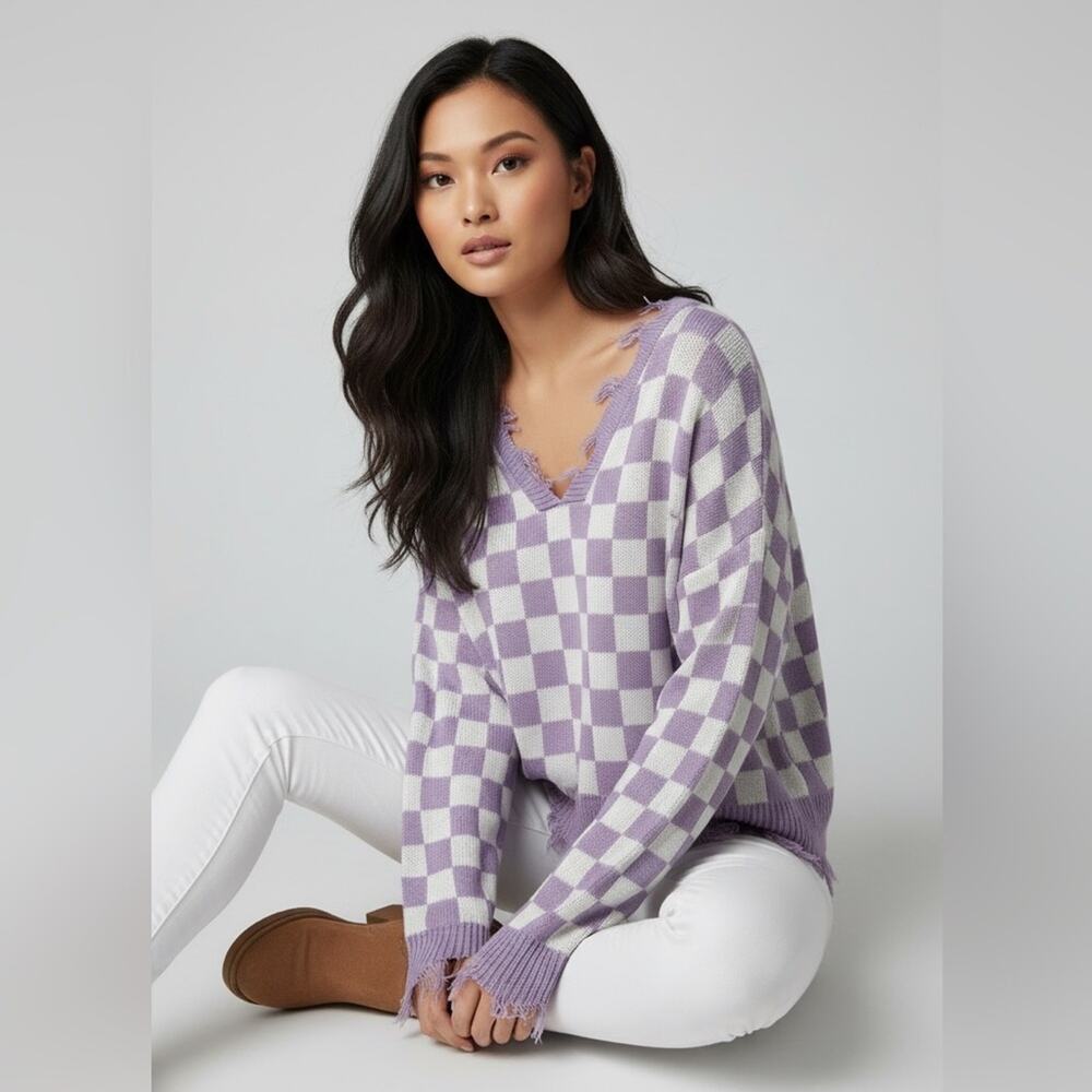 Just Polly NYC Purple Checkered Distressed V-Neck Sweater Frayed Hem